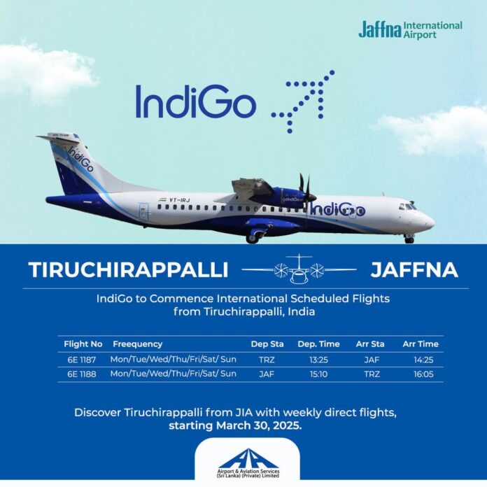 Direct Flights between Tiruchirappalli & Jaffna from March 30,